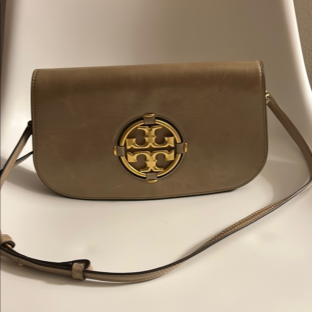 Tory Burch Tan Gold Crossbody Bag with Logo Emblem